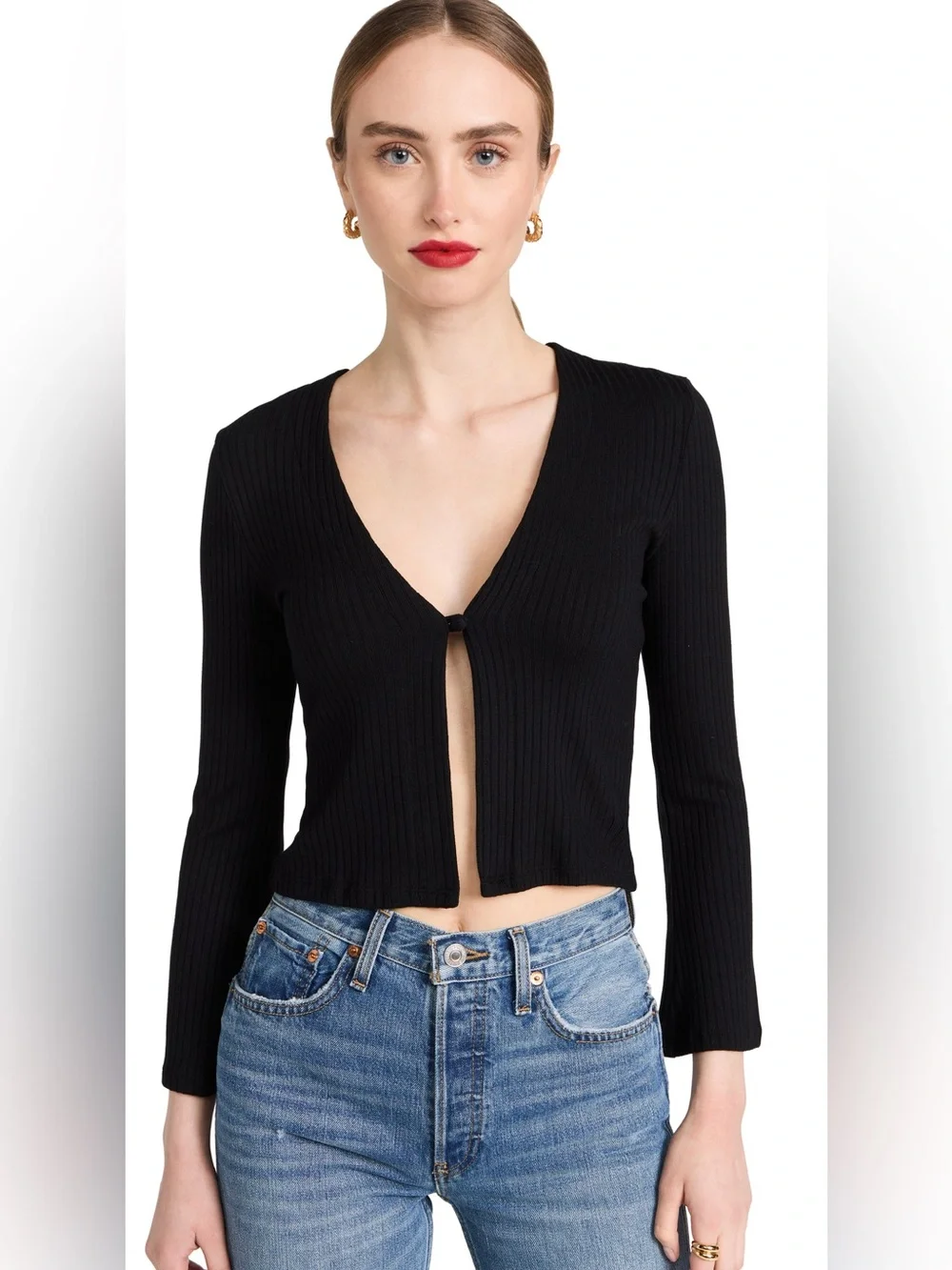Reformation Black Ribbed V-Neck Cropped Cardigan
